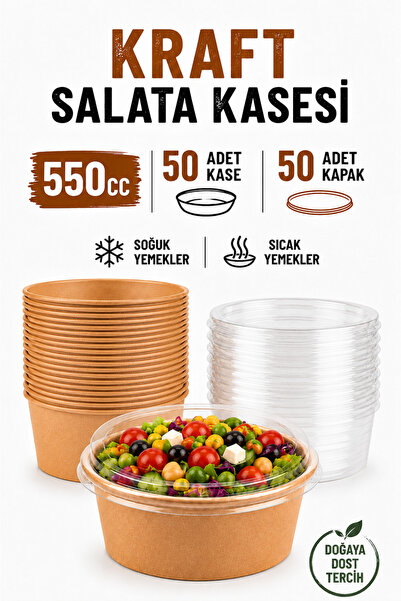 Delvos 550cc 50 Adet Orta Boy Kraft Bowl Salata Diyet Kasesi 50 Adet Kapaklı ...