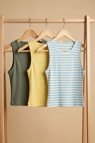 COTENCONCEPT 3 Pieces of Ribbed Fitted Viscose Blended Strappy T-Shirt