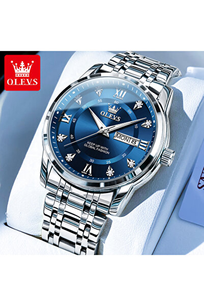 Choice15 ساعة يد رجالية فضية زرقاء OLEVS 5513 أصلية من ماركة أزياء شهيرة، ساع...