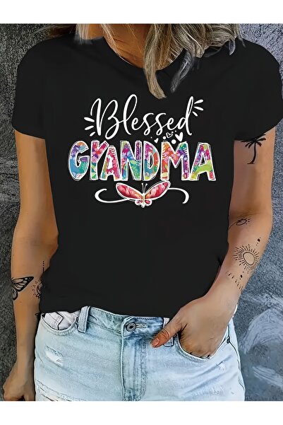 NOURAM تي شيرت نسائي بطبعة "Blessed Grandma"، تي شيرت كاجوال برقبة دائرية وأك...