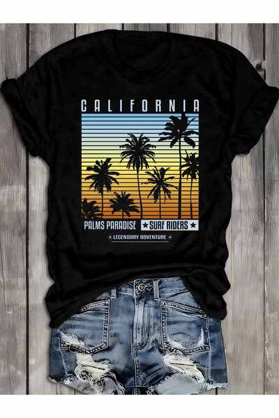 2mcup Women's 180GSM 100% T-Shirt with California Palm Tree & City Print - Ca...