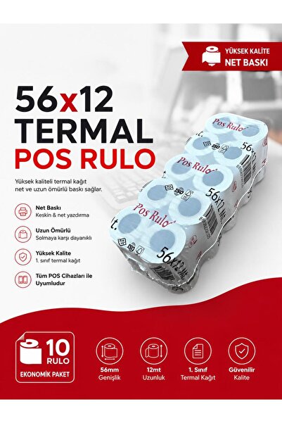 56x12 Termal POS RULO 5 Paket 50 Adet TSE Belgeli Yazarkasa Pos Rulosu