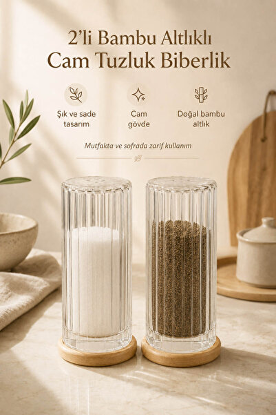 Anadolu Saray Set of 2 Glass Salt and Pepper Shakers with Bamboo Bases, Styli...