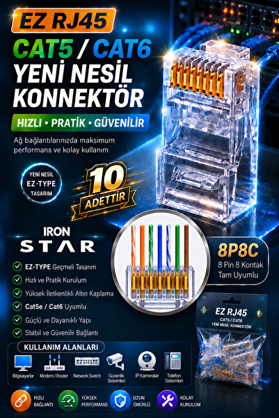 IRONSTAR 10 adet EZ RJ45 jak Cat6 / EZ RJ45 Jack Cat5e Cat6 / Delikli RJ45 Ko...