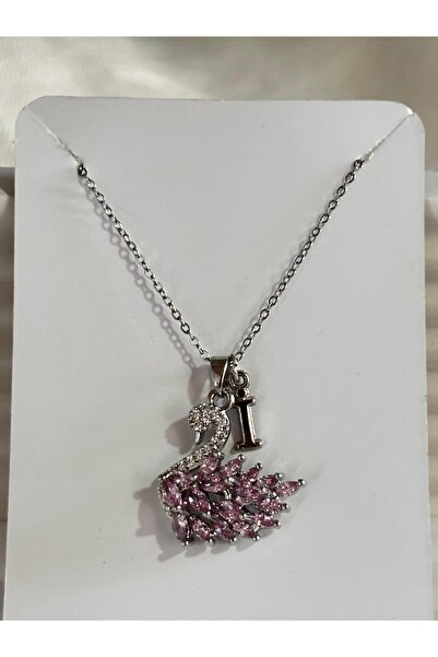 bijoux uniques 316L Steel Pink Zircon Stone Swan Letter I Necklace