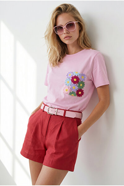 Olalook Women's Pink Pocket Detailed Cotton T-Shirt Tsh-19001009