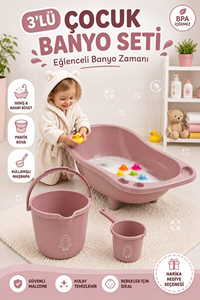 Funny Life 3'lü Çocuk Banyo Seti Bebek Küveti Kova Maşrapa BPA Free Banyo Seti