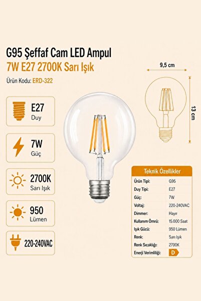 Heka G95 Şeffaf Cam LED Ampul 7W E27 2700K Sarı Işık ERD-322