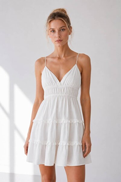 MODA Beyaz Askılı Fırfırlı Mini Elbise