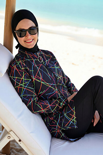 armonika 3-Piece Set Front Zippered Patterned Burkini with Side Slits and Ela...