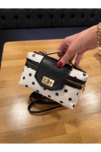 moimaaksesuar Black and White Polka Dot Women's Cross Shoulder Bag – Gold Buc...