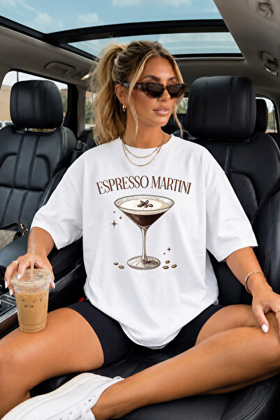 Auryne Jewelry Women's White Oversize Espresso Martini Printed 100% Organic C...