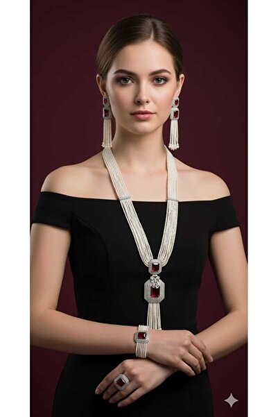 Generic Multi-Layered Red Ruby Pearl Necklace Set - Luxurious Elegance