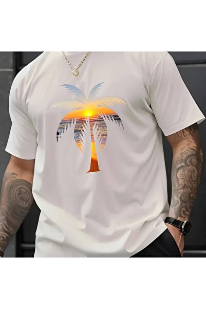 23 nisan Men'S Black Palm Tree Print Crew Neck T-Shirt, Breathable And Comfor...