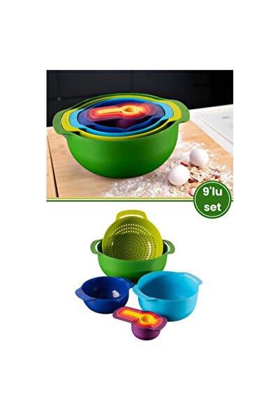 Empressco Renkli 9 Parça Karıştırma Kabı Seti, Ölçü Kaşığı ve Süzgeçli Set