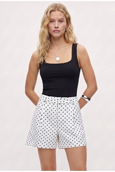 Ritnice Women's Axel High Waist Wide Leg Midi Length White Polka Dot Woven Sh...