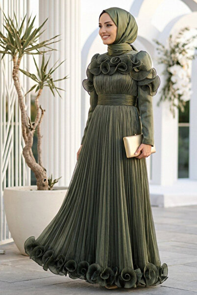 N.S NEVA STYLE Ruffle Detailed Dark Khaki Hijab Evening Dress 56612Khk