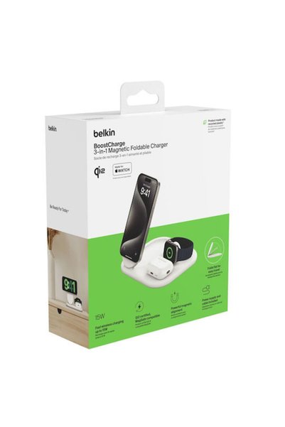 Belkin Ασύρματος Φορτιστής Qi2 15W Λευκός (BoostCharge 3-σε-1 Μαγνητικός Αναδ...