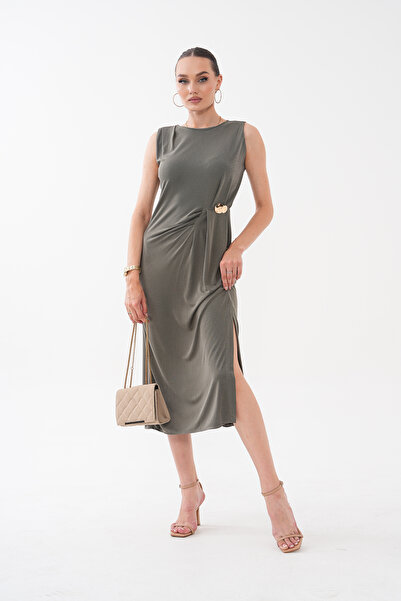 Mega Life Yandan Brooched Pleated Pique Modal Dress