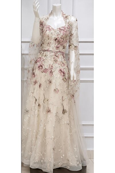 ceneric Luxurious Long A-Line Evening Dress with Floral Appliques and Flowy C...