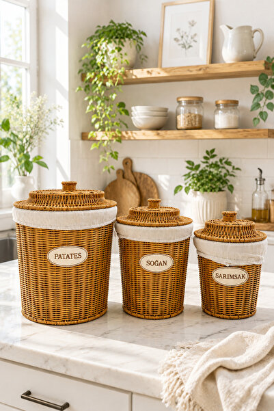 Karçiçeği Home 3'lü Rattan Büyük Boy Patates Soğan Sarımsak Saklama Sepeti | ...