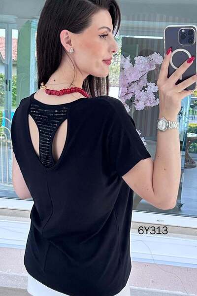 İnce Topuk V-Neck Sequin Detailed Viscose Combed Cotton Blouse 6Y313