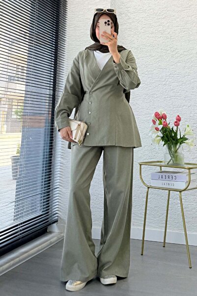 MELEK ARAZ Premium V-Neck Side Buttoned Linen Trousers Set - Khaki