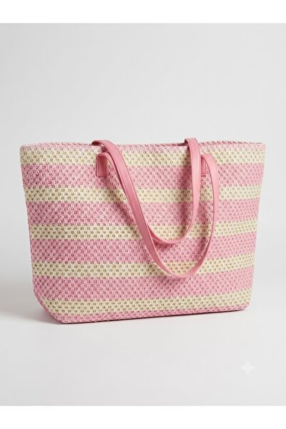 Fonem Hebe Striped Straw Look Large Volume Shopper Beach and Daily Shoulder Bag