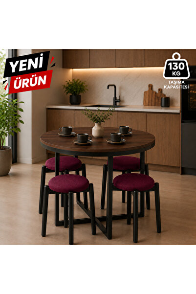 EDMONDA EV AKSESUAR ATLAS YUVARLAK 90 ÇAP PUFLU 4 KİŞİLİK MASA TAKIMI BALKON ...