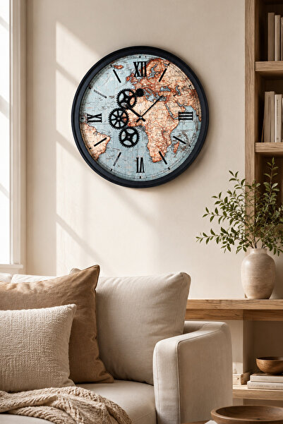Muyika Design Büyük Duvar Saati 55 cm Katlı Kasa Çarklı MUYİKA Hareketli Mekanik İskelet Sessiz Akar Roma Rakamlı Salon- Atlas Renkli 55