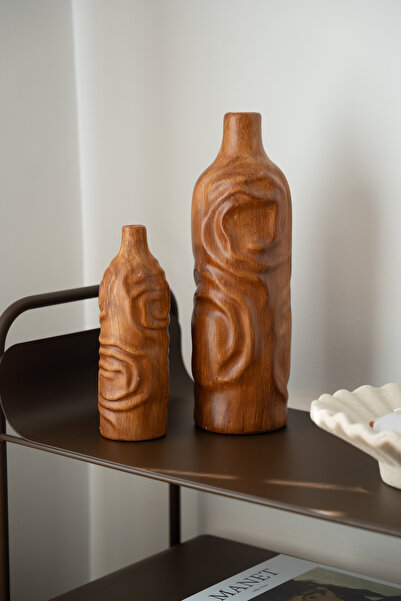 Dekorzdükkan Arven Set of 2 Wood Look Ceramic Decorative Vases