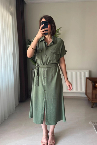 Kubos Moda Short Sleeve Shirt Collar Pocket Belted Khaki Dress