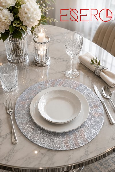 ESERO 30833 American Service Placemat 6 Pieces Silver Mosaic Patterned 38X38 cm Decorative Table Mat