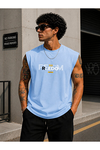 caddekombin Zero Sleeve Unisex Freedom Printed Cotton Combed Crew Neck T-Shirt