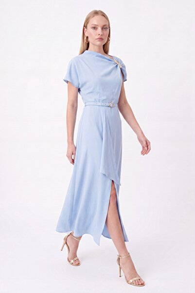 Lafaba Γυναικείο Baby Blue Φόρεμα Ασύμμετρης Κοπής με Λεπτομέρεια Αξεσουάρ γι...