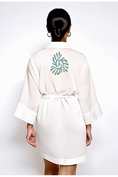 Kidilia Yeşil Mercan Görselli Beyaz Müslin Kimono