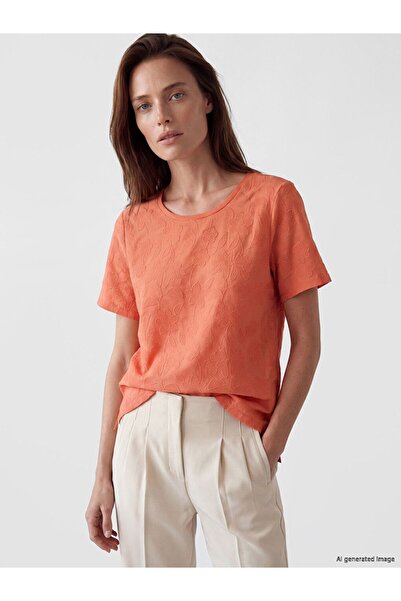 LC Waikiki Lcw Grace Orange Crew Neck Embroidered 100% Cotton Blouse