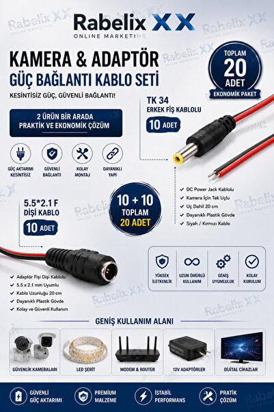 Rabelix Online Marketing 20 Adet Kamera Güç Bağlantı Kablo Seti | 10 Adet TK3...