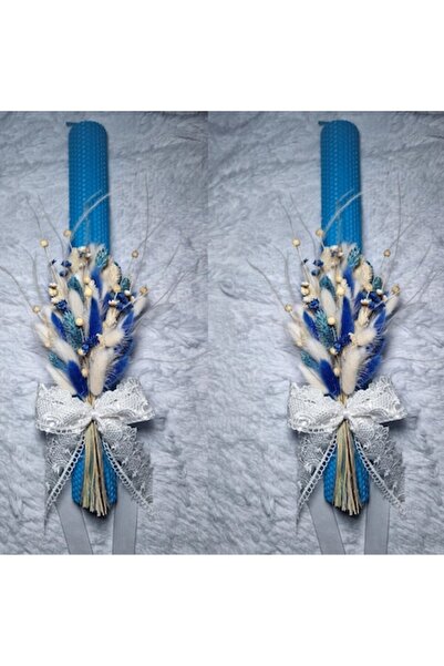 OEM Set de 2 lumânări de nuntă/botez, ceară, flori uscate, Albastru Oceanic, ...
