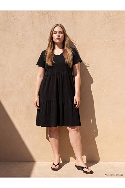 LC Waikiki Lcwaikiki Curve Black Plus Size V-Neck Layered Dress