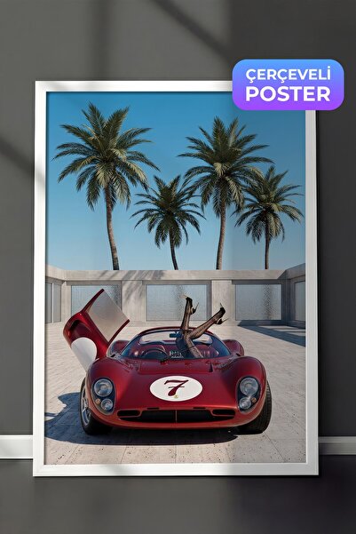 Postifull Red Car and Palm Trees Poster, White Framed Poster, Old Money Serie...