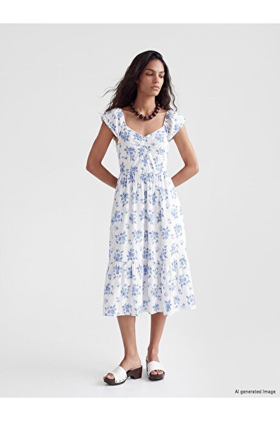 LC Waikiki Xside Blue Floral Gathered Waist Cinched Corset Dress