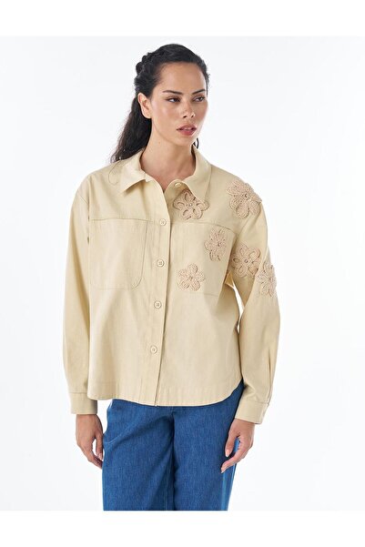 Kayra Embroidery Appliqué Cotton Shirt Light Yellow