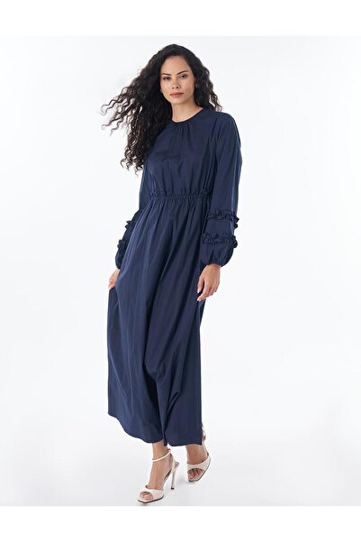 Kayra Ruffle Detailed Cotton Dress Navy Blue