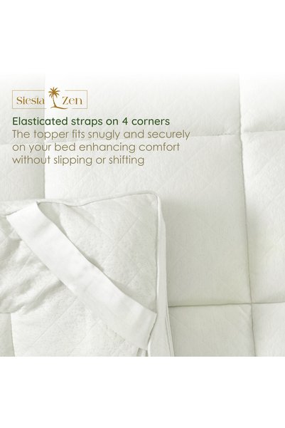 Siesta Zen Bamboo Mattress Topper 4" Thick 10cm Plush Fiber Fill, Box Quilted for Comfort, Breathable & Hypoallergenic, Elastic Straps Fit Up to 16" Mattress