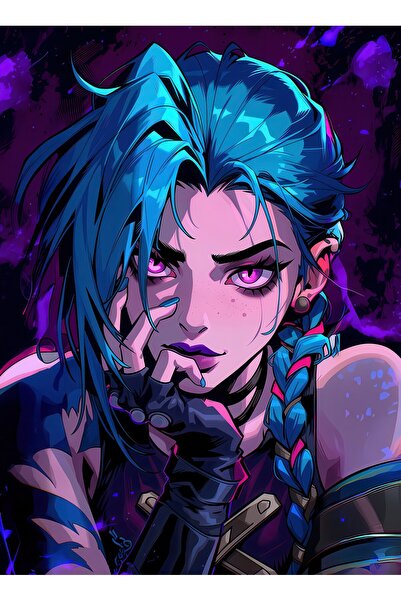 Anime Tablo League of Legends Tasarımlı Jinx Karakteri Parlak Premium Metal Tablo Duvar Dekoru