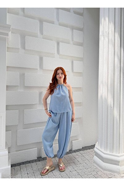 heree Women's Striped Halter Neck Two-Piece Set Casual Blouse Baggy Pants Sum...