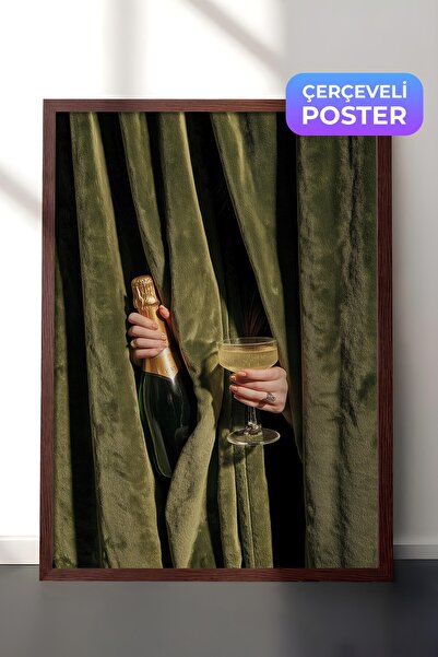 Postifull Şampanya ve Kadeh Posteri, Kahverengi Çerçeveli Poster, Old Money S...