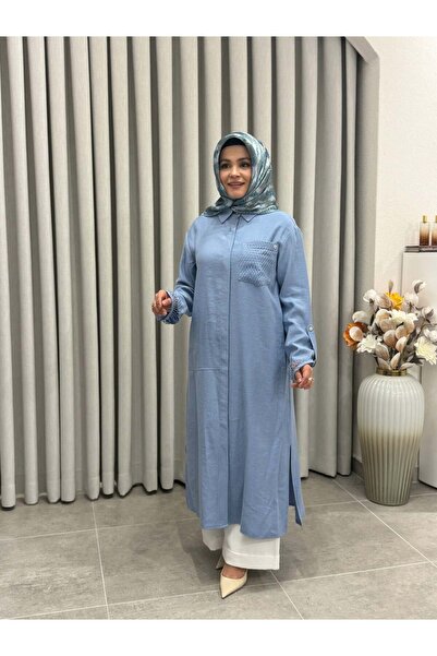 Armine TREND TENCEL KUMAŞ TAM BOY FİLE DETAYLI TUNİK MAVİ