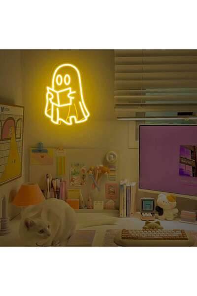 Slasa Ghost Reading Book LED Neon Sign with 6mm Acrylic Base Yellow 20x30 cm